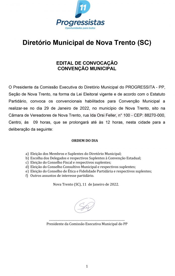 Edital De Convoca o Diret rio Municipal De Nova Trento O Trentino