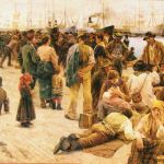 Emigrantes à espera da partida no Porto de Gênova. Retrato de 1908 publicado no jornal Domenica del Corriere