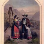 Cartão-postal de Pieve Tesino – Trentino – 1850
Notem-se os largos suspensórios verdes, típicos da região sul do Tirol